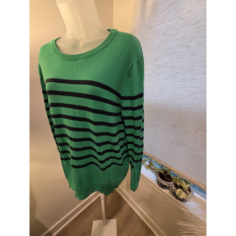 GAP Sweater Women Green Navy Striped Cotton Crew Neck Knit Preppy Academia L